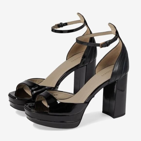 AllSaints Tia Platform Ankle Strap Heel Sandal in Black Shine EU 40 / US 10 - Picture 1 of 16